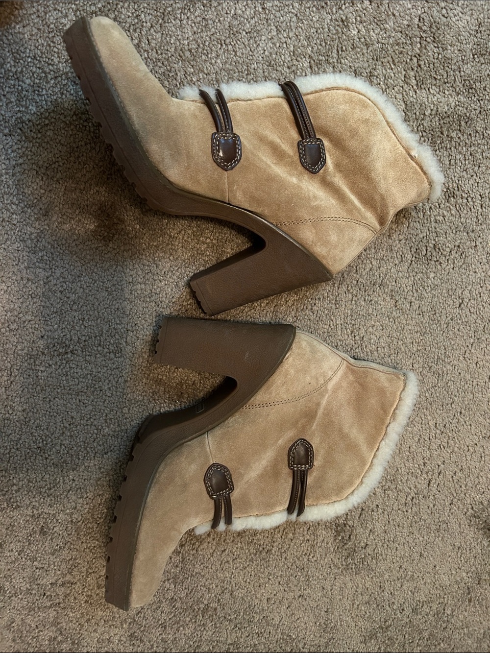 Coach Lenora Tan Suede Shearling-Trim Block Heel Boots - Picture 5 of 10